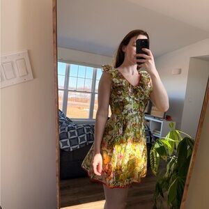 Olive print garden party mini dress